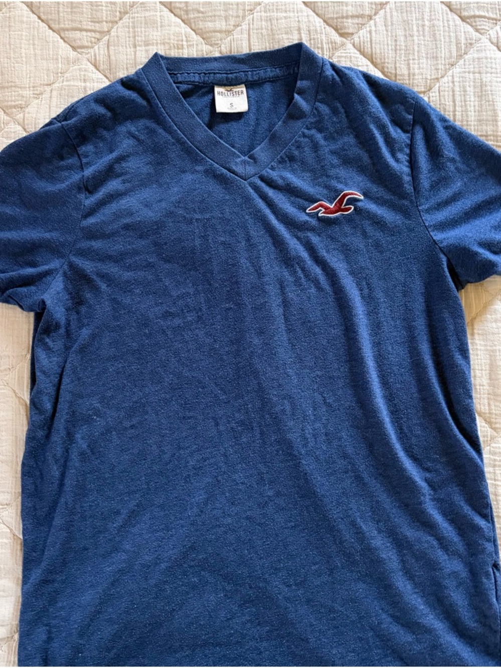 Hollister Men's Dark Blue V-Neck Tee with Red Logo Small